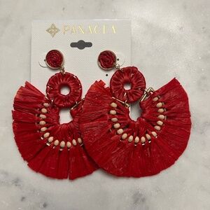 Panacea Red Raffia Earrings Fan Resort Summer Boho Tropical Jewelry New NWT